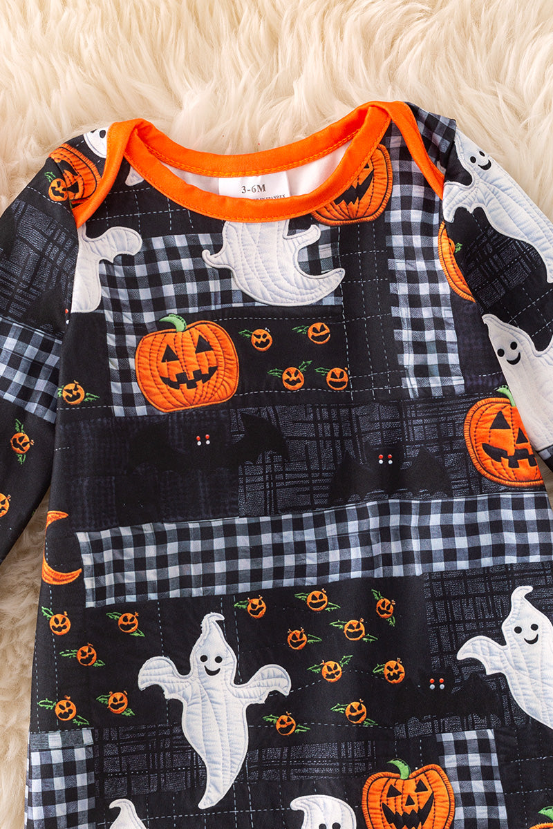 Halloween pumpkin and plaid printed baby onesie with footie.