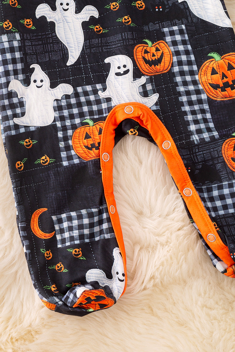 Halloween pumpkin and plaid printed baby onesie with footie.