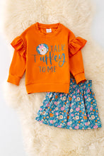 Load image into Gallery viewer, Talk Turkey to me ruffle sweatshirt and floral skirt.
