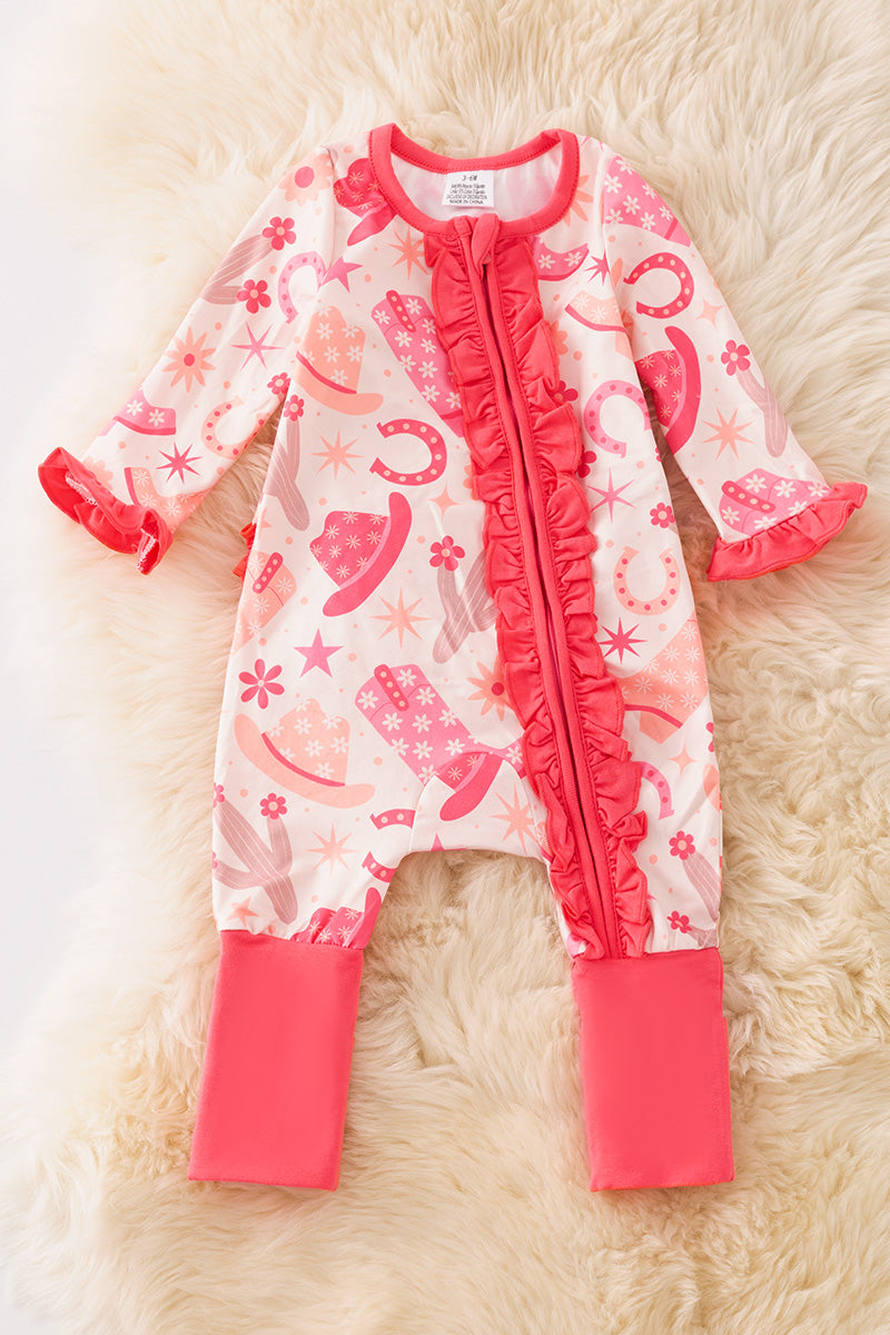 Western cactus, hat  printed girls onesie with fold-over footie and ruffle butt.(Western)