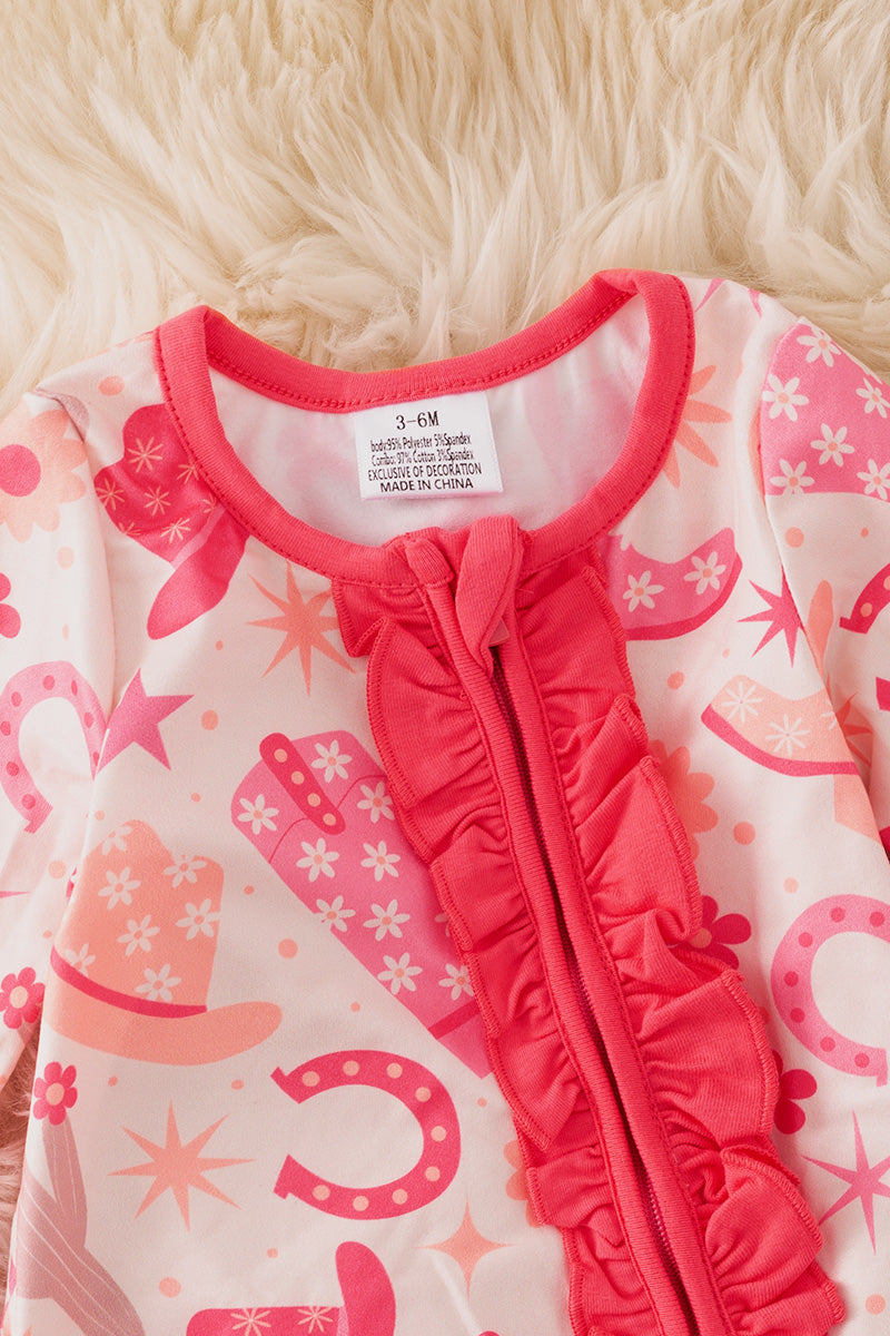 Western cactus, hat  printed girls onesie with fold-over footie and ruffle butt.(Western)