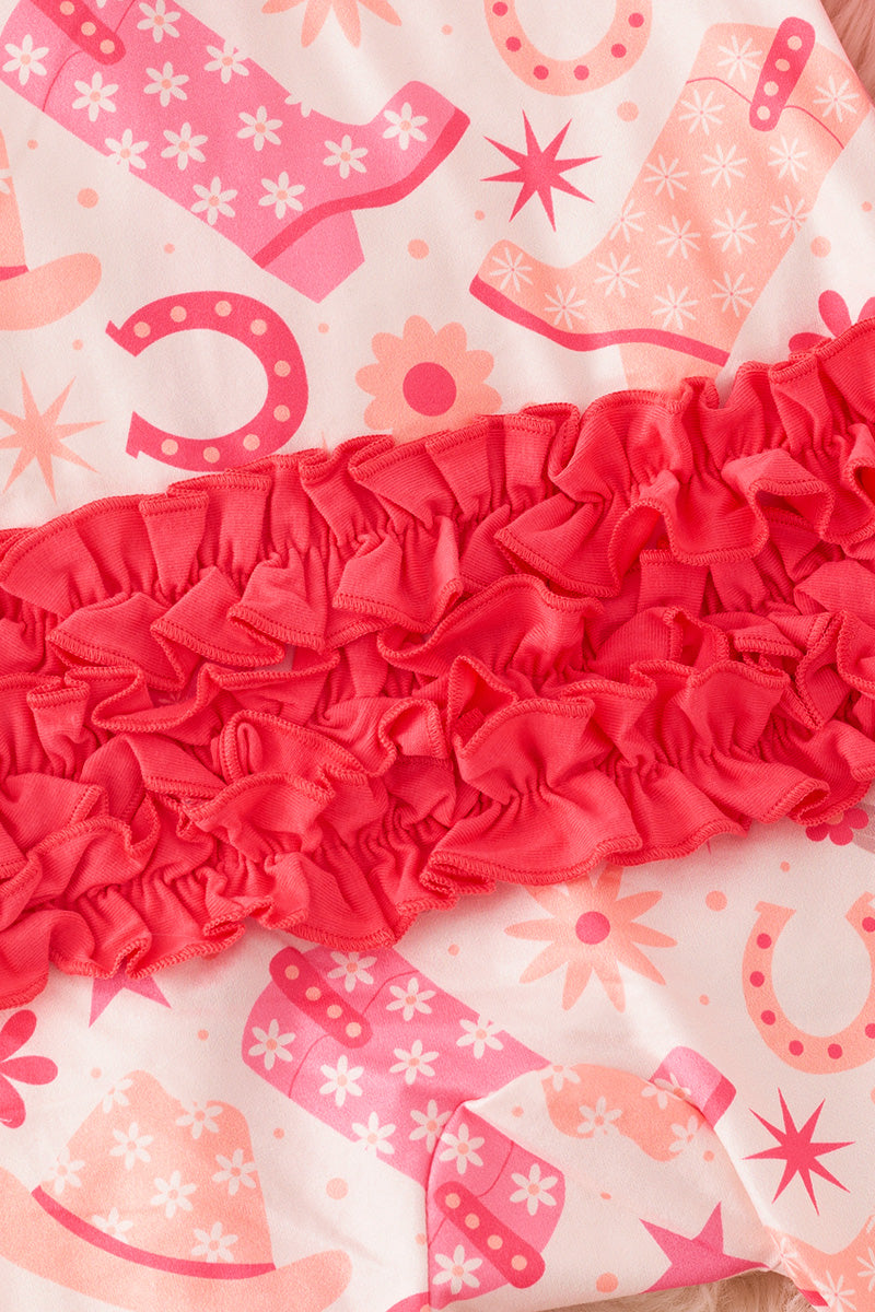 Western cactus, hat  printed girls onesie with fold-over footie and ruffle butt.(Western)