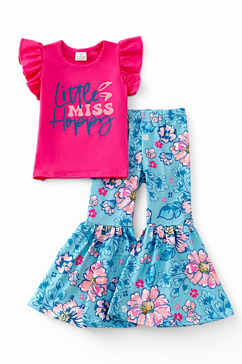 Little Miss Hoppy" fuchsia angel sleeve top & Blue floral pants.