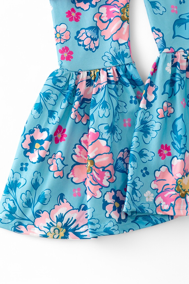 Little Miss Hoppy" fuchsia angel sleeve top & Blue floral pants.