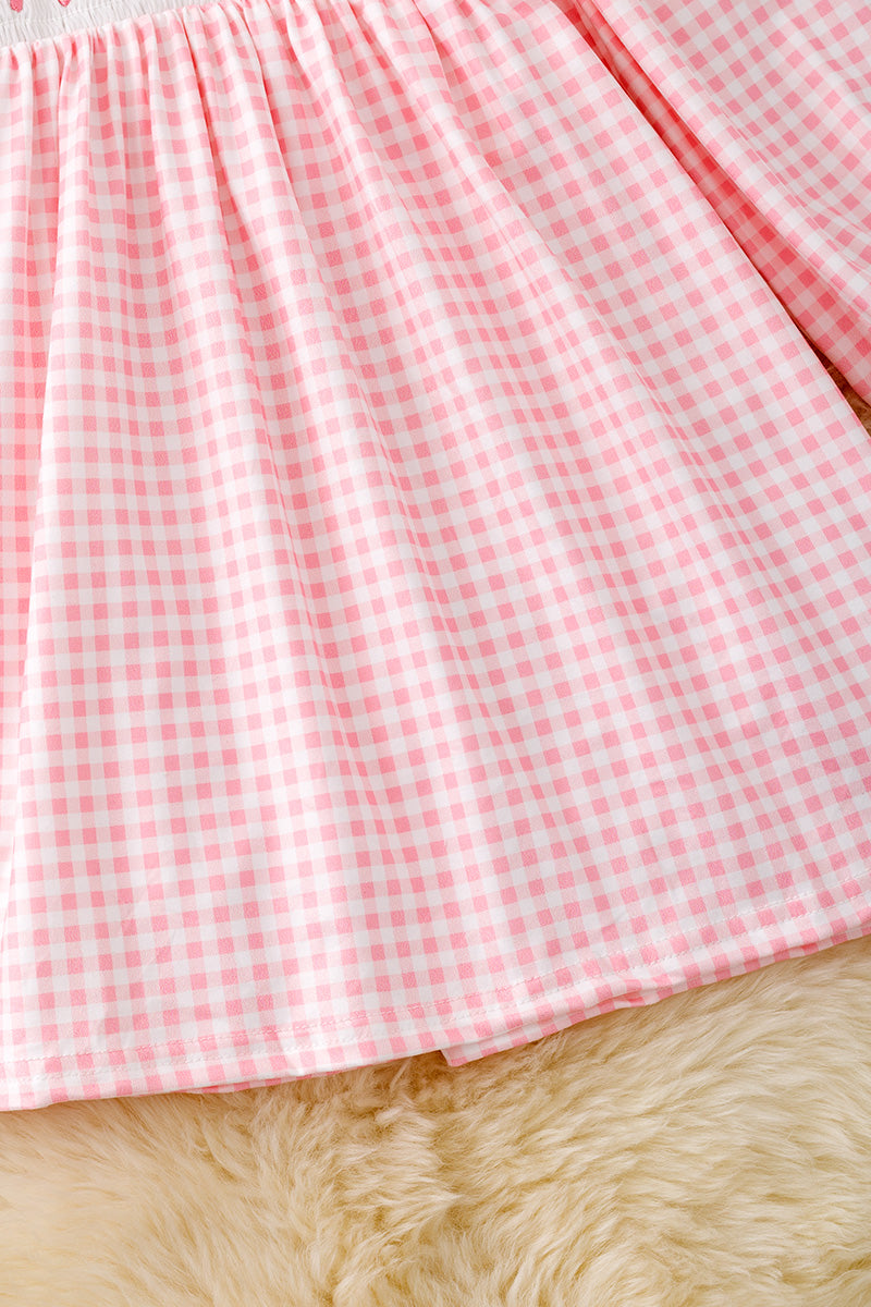 Checkered printed girls dress with pumpkin/bow embroidery. DRG53049