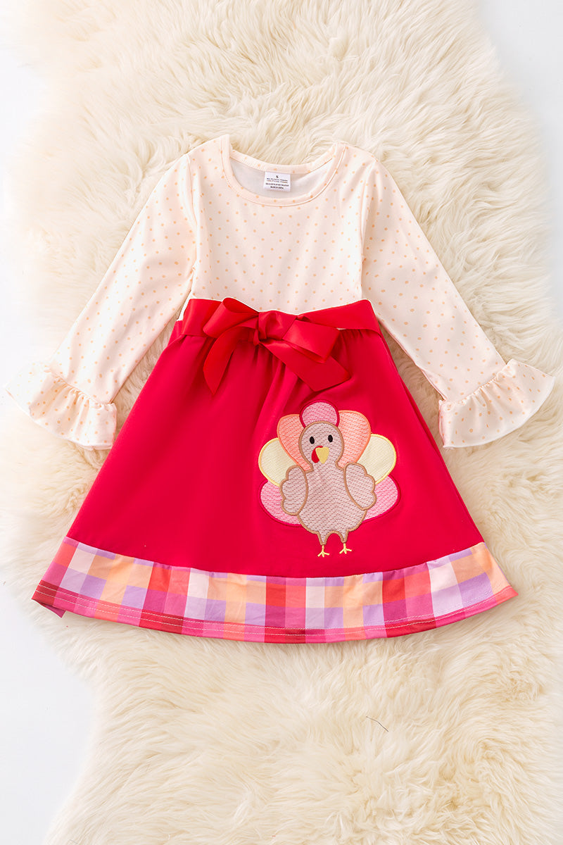 Turkey applique on fuchsia-cream dress.