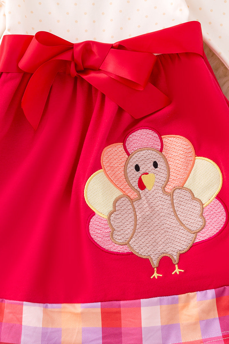 Turkey applique on fuchsia-cream dress.