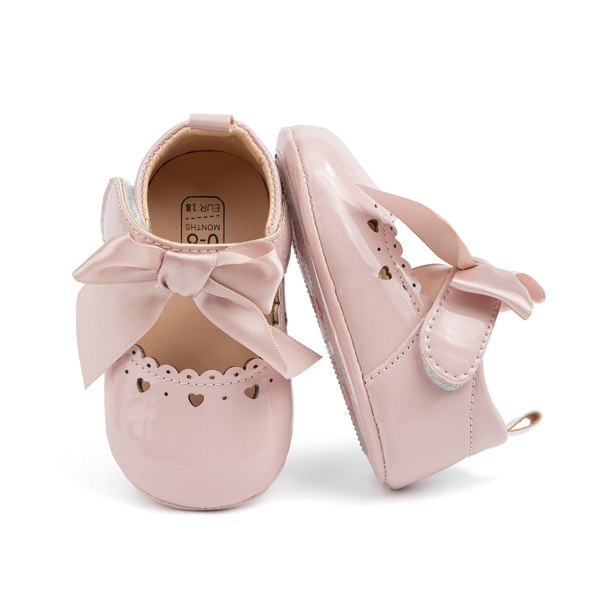 Cute heart pink front satin bow baby shoes. CG5369