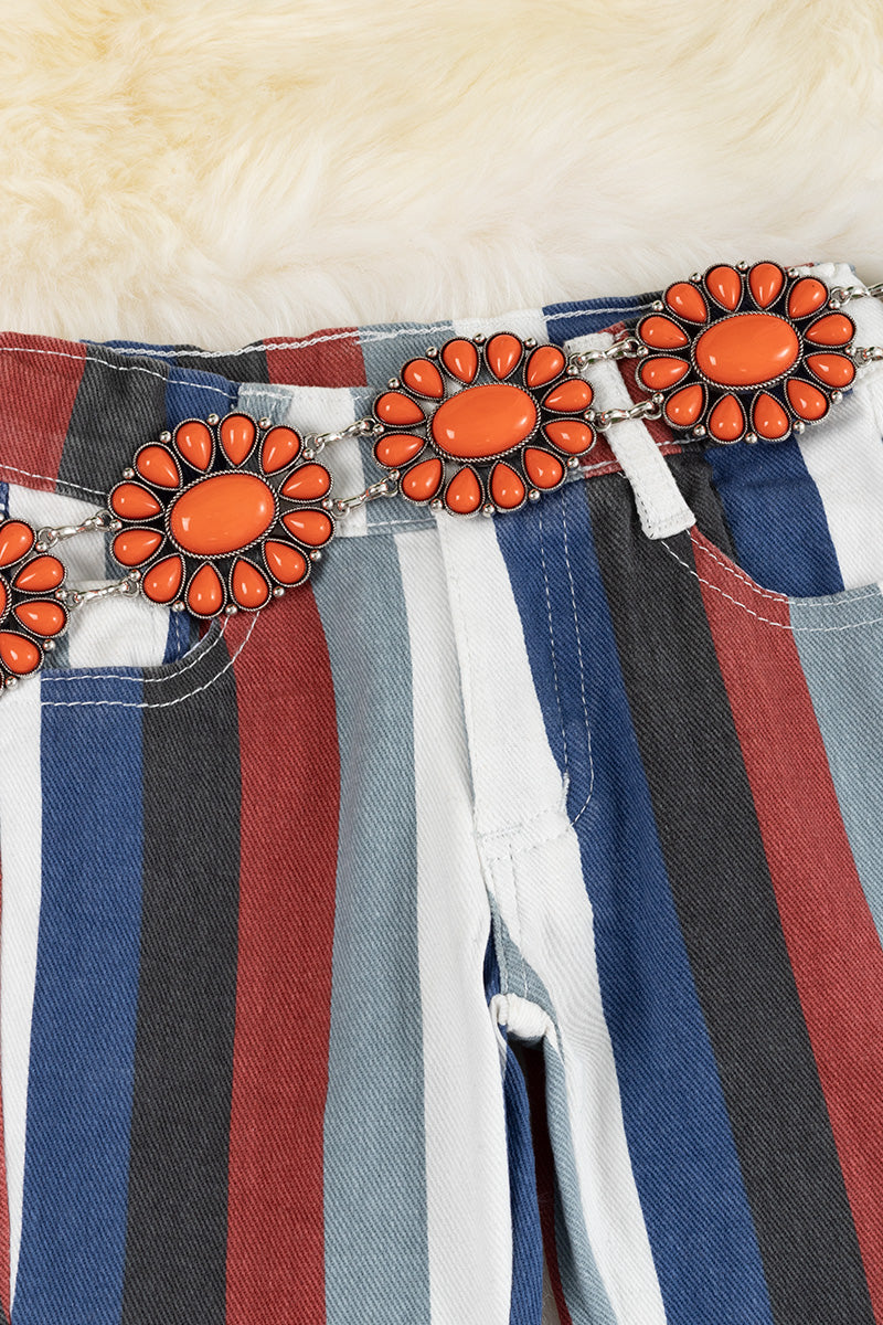 Multi-color stripe printed bootcut denim pants.
