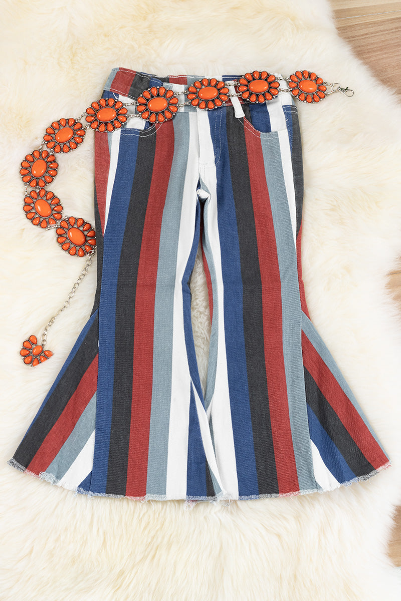 Multi-color stripe printed bootcut denim pants.