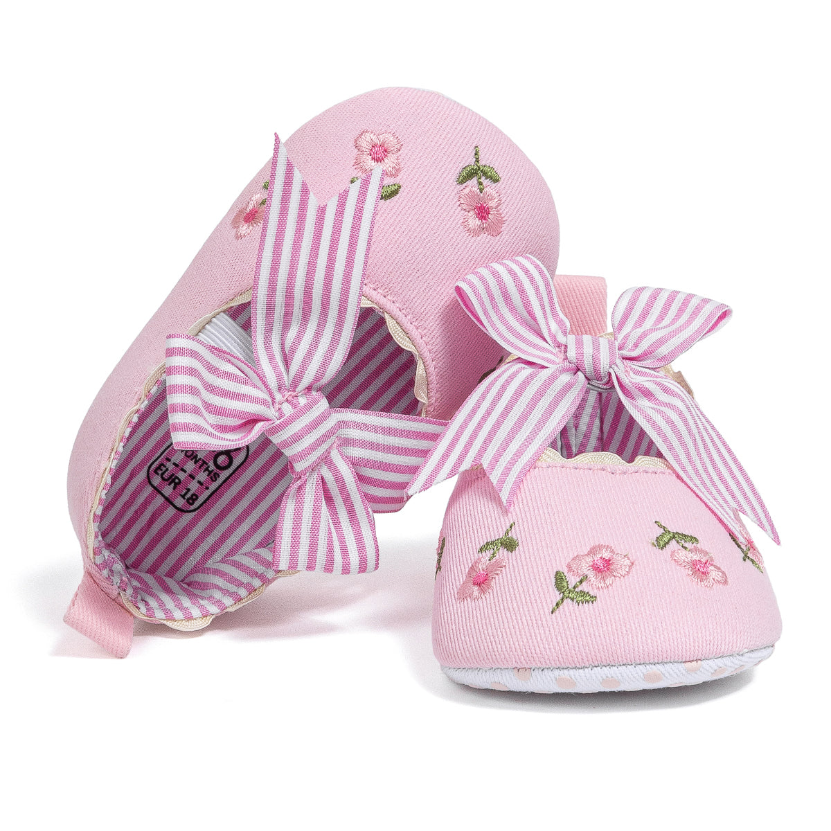 Embroidered girls baby shoes with front bow.