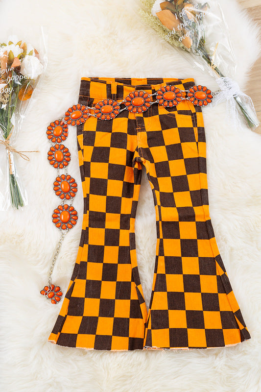 Orange & black checkered denim pants.