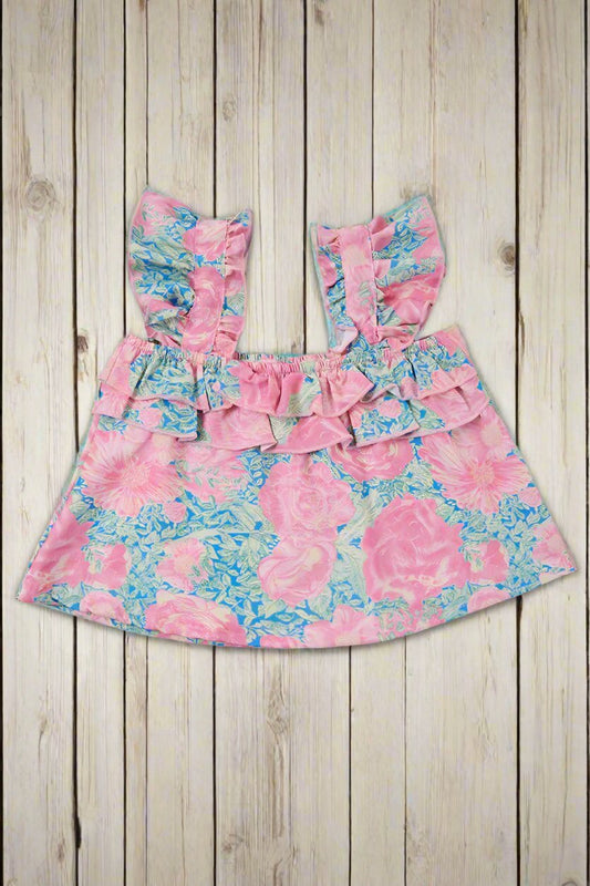 Pink & Blue Floral tunic w/ ruffles