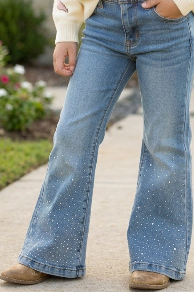 Bootcut denim pants with rhinestones & stretchy waistband. PNG60296 -A-