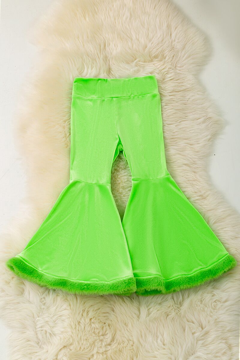 Green soft velvety bell bottoms with faux fur hem.