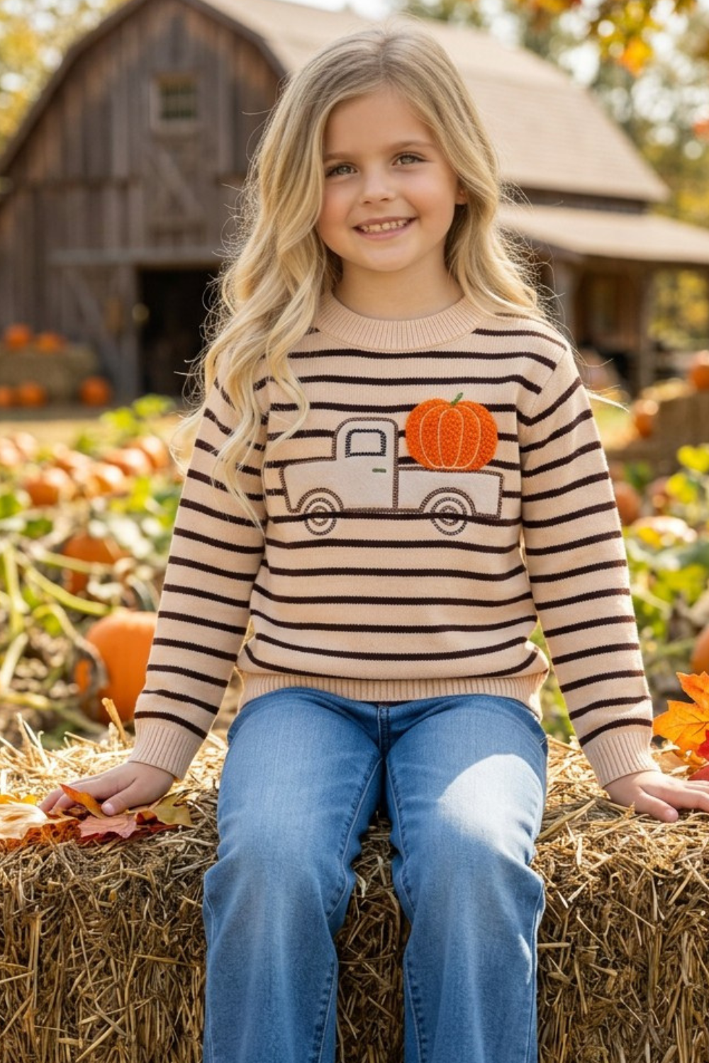 Unisex brown stripe on ivory knit sweater w/ pumpkin on a truck. TPG60458 A-