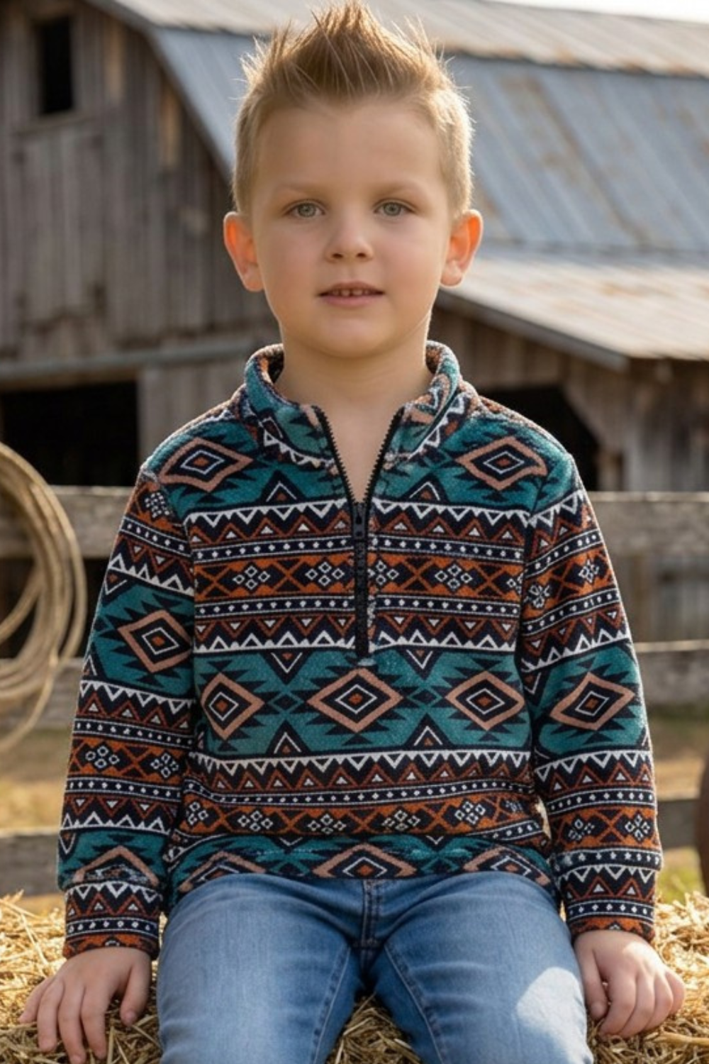 Teal & Brown Light fleece aztec printed pullover sweater. TPG60186 -S-