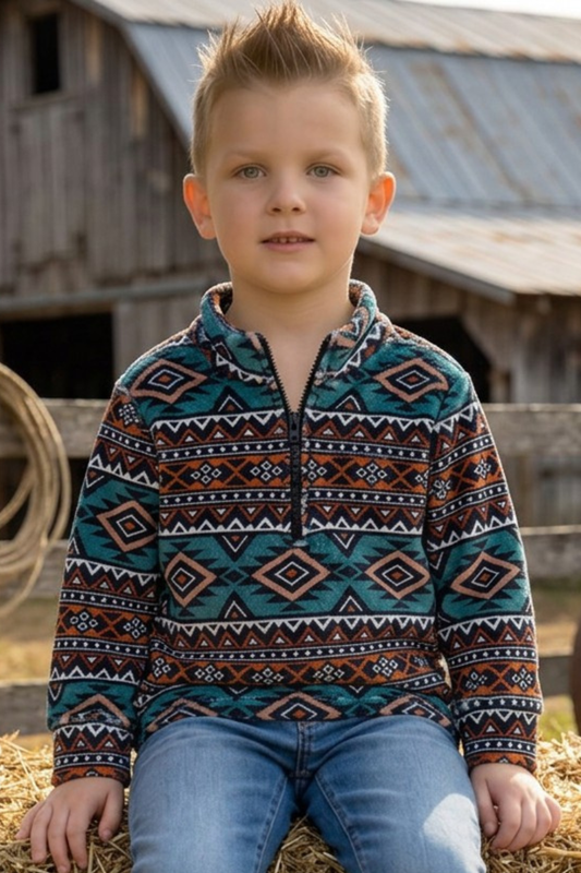 Teal & Brown Light fleece aztec printed pullover sweater. TPG60186 -S-