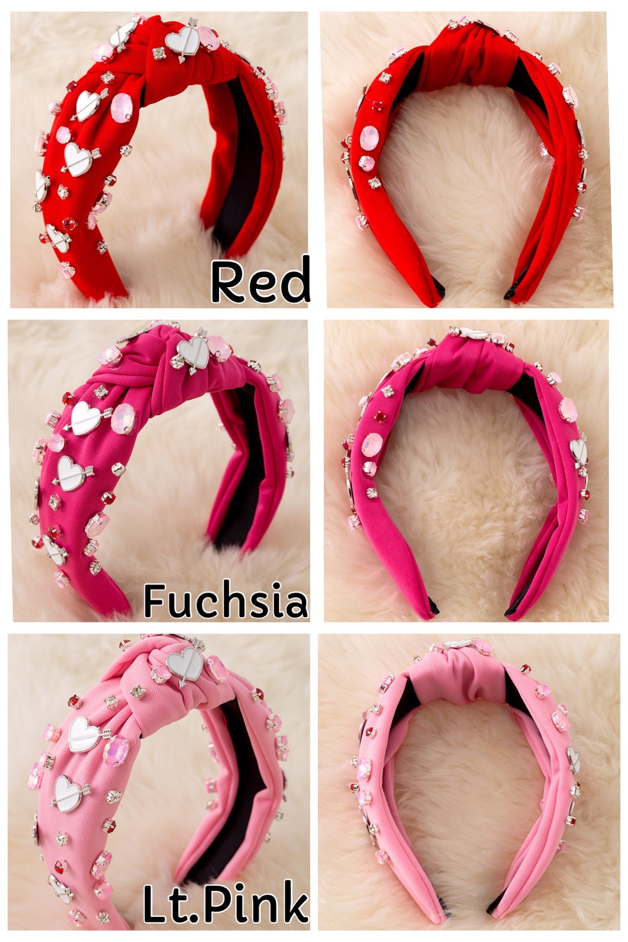 White heart & pink stone girls headbands.