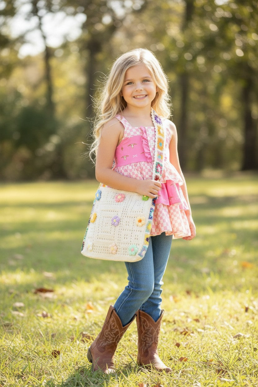 12.5 inch X 11.5" Girls knitted tote bag.