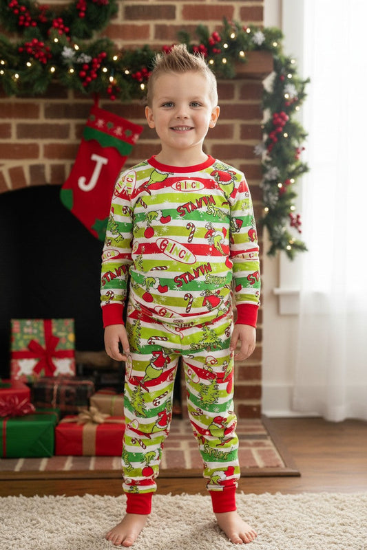 Stripe printed boys pajamas w/red trim. BLP0423-4- -M-