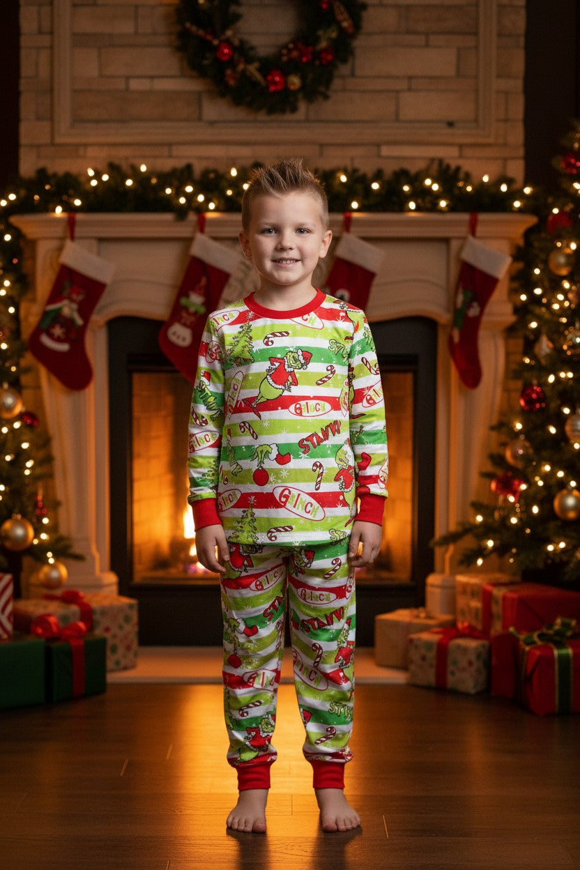Stripe printed boys pajamas w/red trim. BLP0423-4- -M-