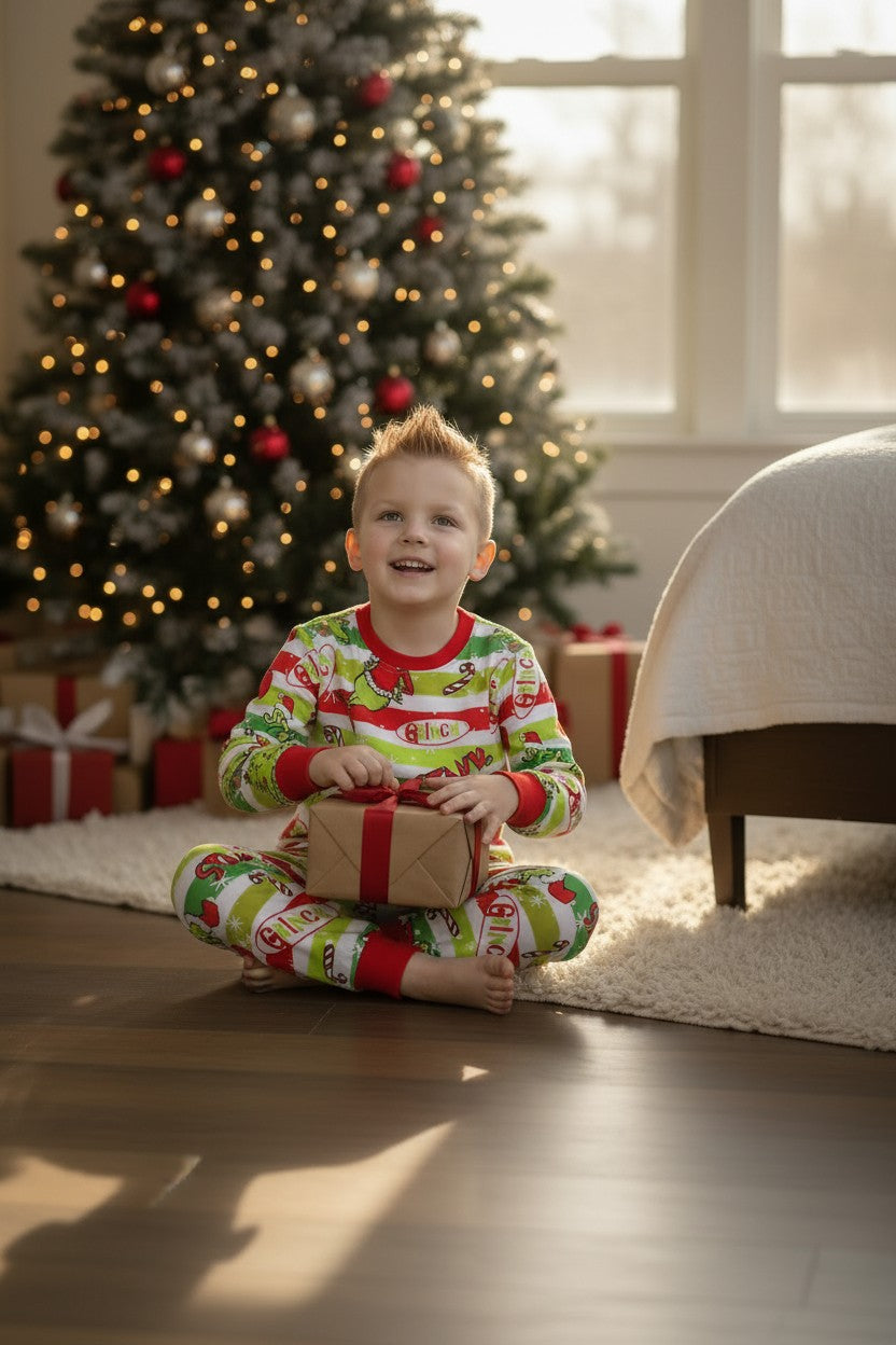 Stripe printed boys pajamas w/red trim. BLP0423-4- -M-