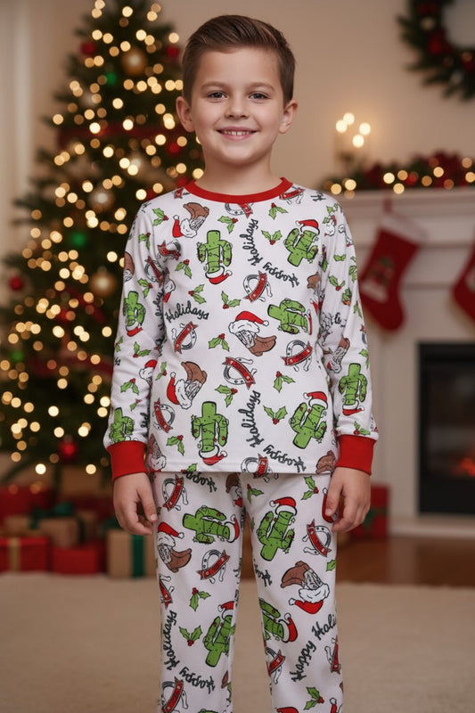 Happy Holidays Western cactus printed pajamas.