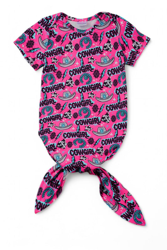 Cowgirl fuchsia printed baby gown.