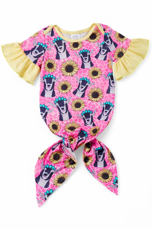 Pink & yellow goat printed baby gown.