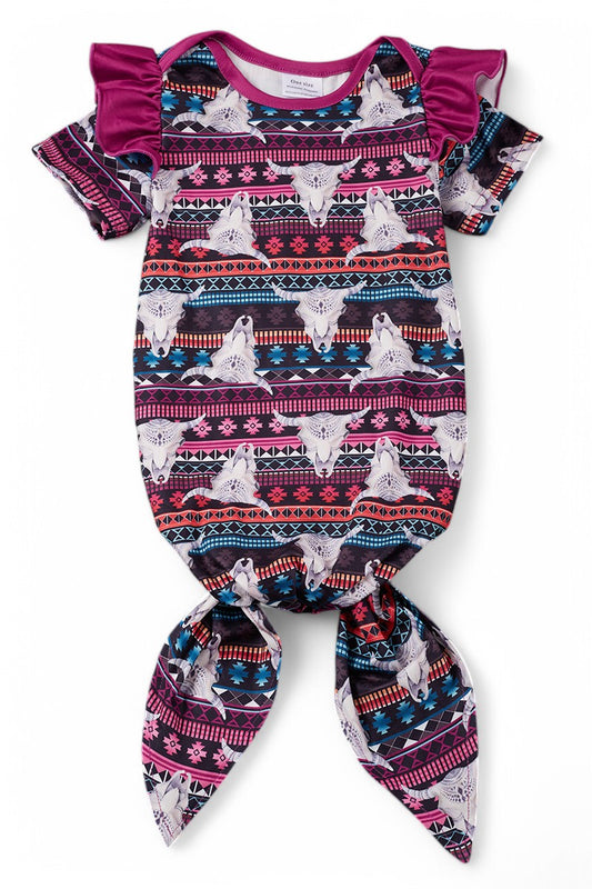 Bull skull & aztec printed baby gown with angel sleeve.