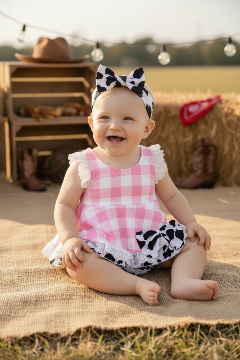 Ping gingham dress with black & white cow printed hem. RPG64271 -M-