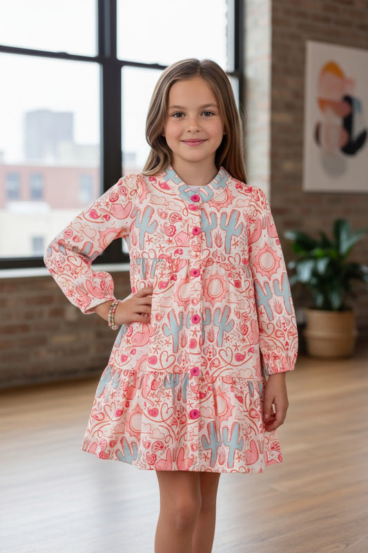 Dessert cactus long sleeve girls button up dress.