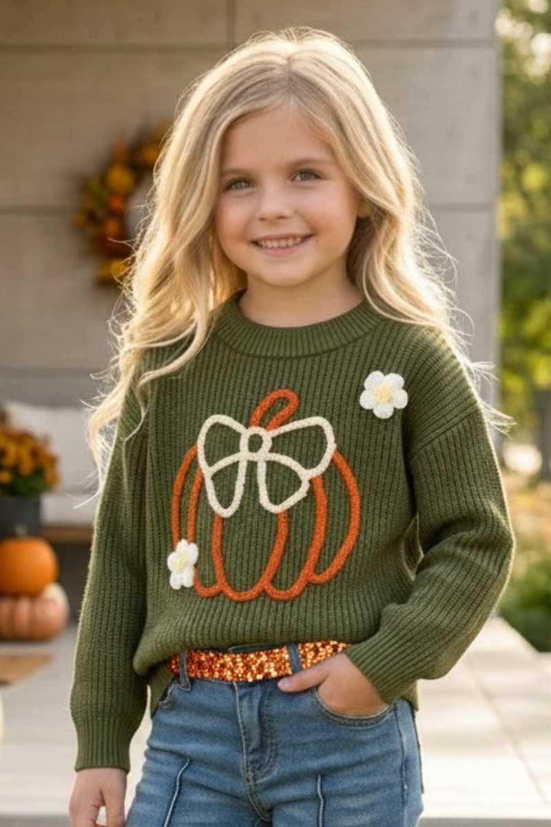 Olive green knit sweater w/ pumpkin embroidered. TPG60576 -M-