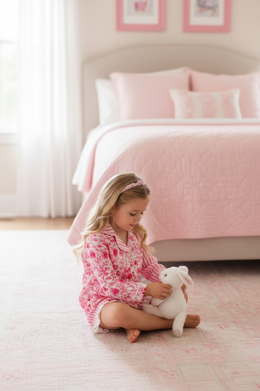 Pink half floral half stripe printed girls pajamas. PJG60439 -M-