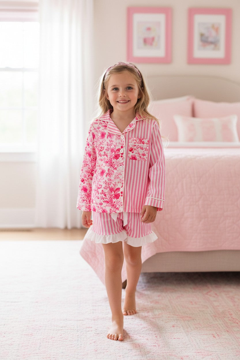 Pink half floral half stripe printed girls pajamas. PJG60439 -M-