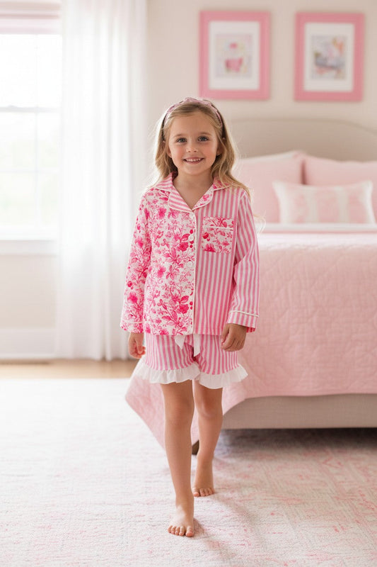 Pink half floral half stripe printed girls pajamas. PJG60439 -M-