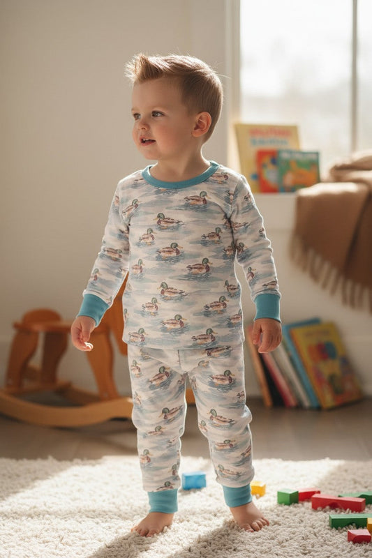 Mallard Duck on white boys pajamas. BLP0425-24-M-