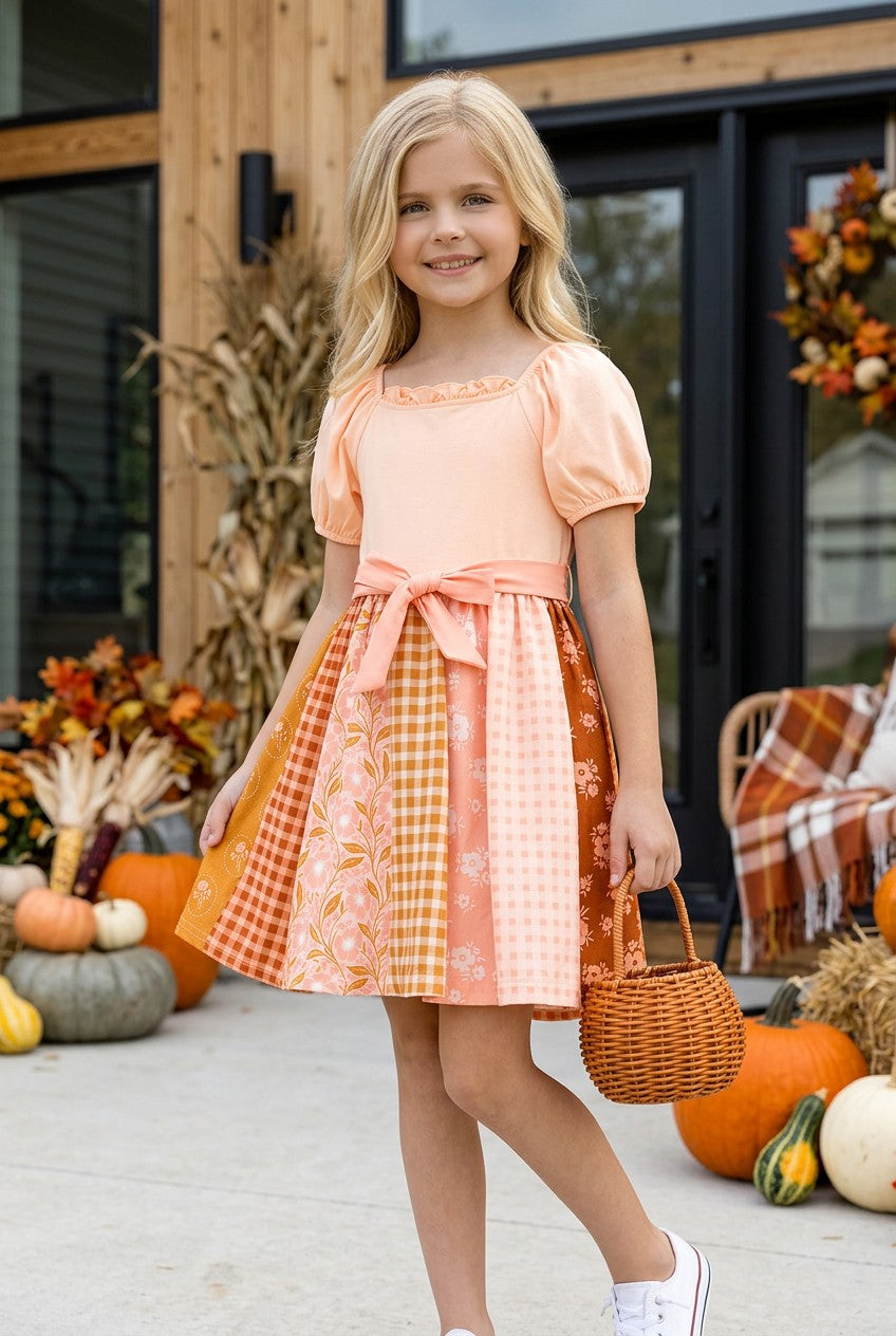 Autumn multi printed dress with bubble sleeves. DRG62623 -M-