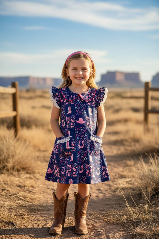 Navy blue dress w/ pink western print dress with front pockets. DRG62624