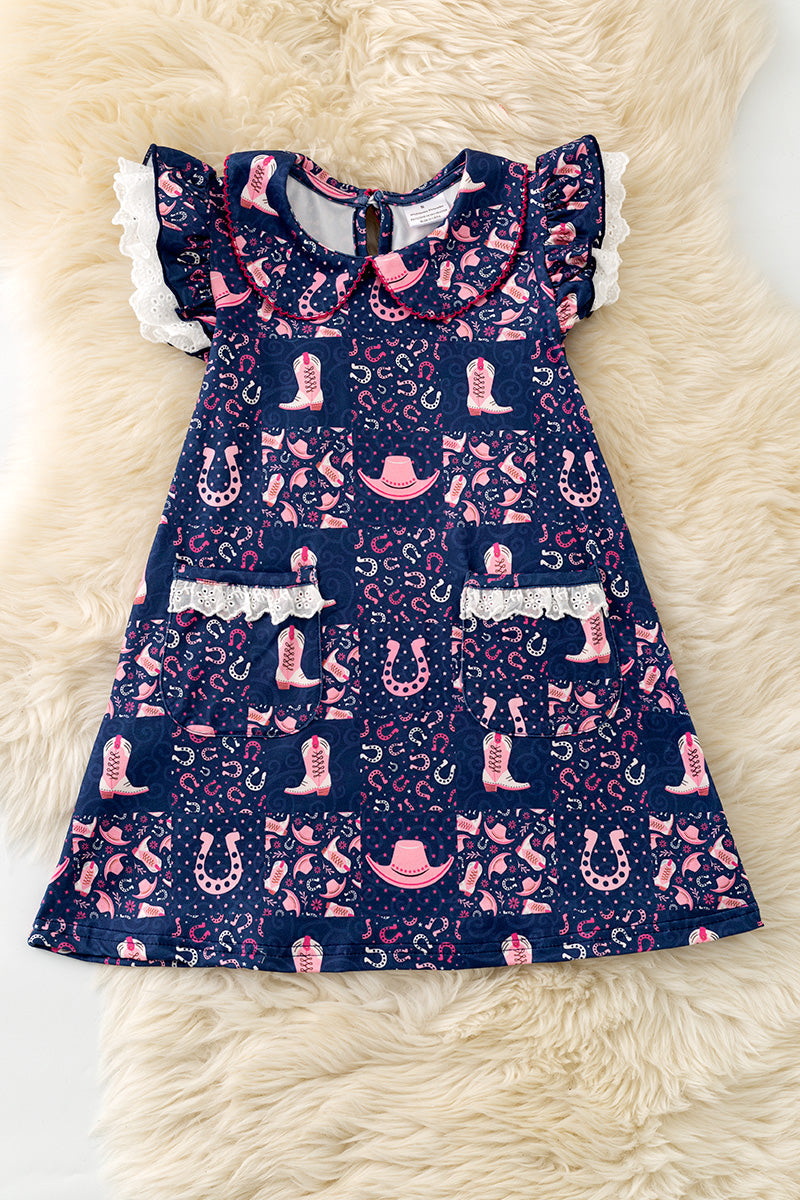 Navy blue dress w/ pink western print dress with front pockets. DRG62624