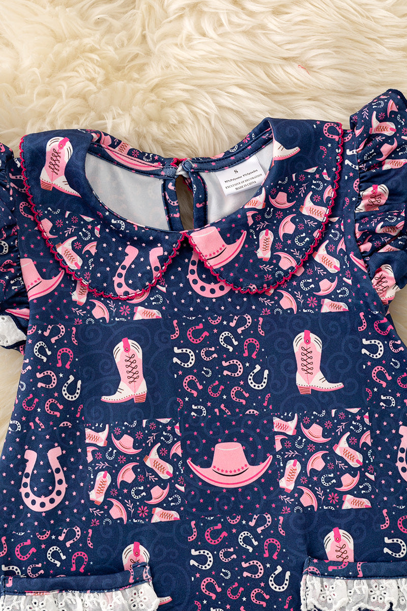 Navy blue dress w/ pink western print dress with front pockets. DRG62624
