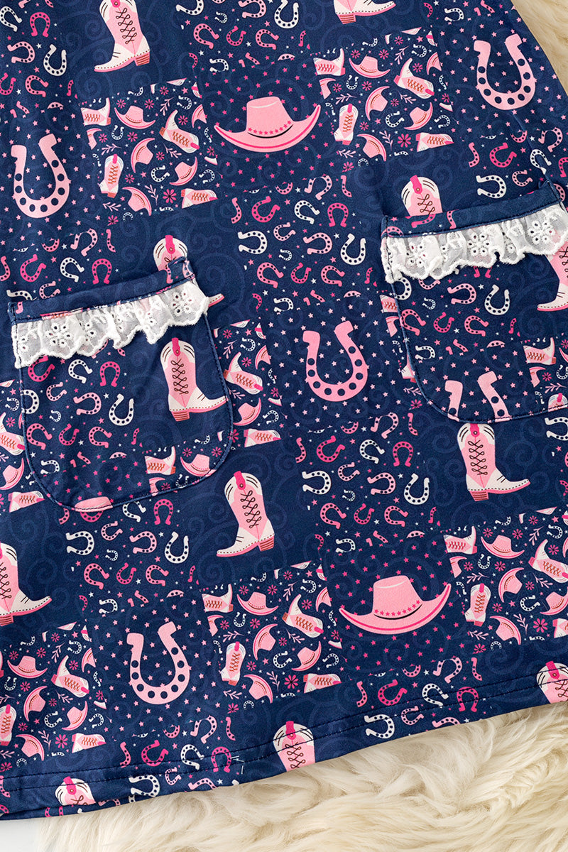 Navy blue dress w/ pink western print dress with front pockets. DRG62624