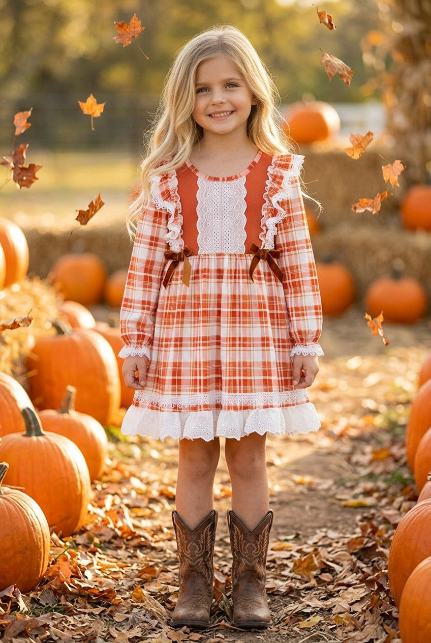 Burnt Orange plaid dress with lace detail. DRG63457 -M-