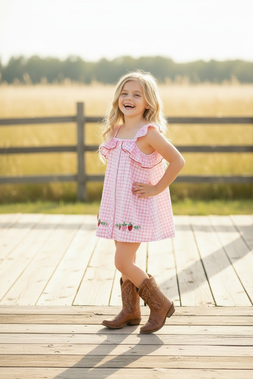 Pink gingham and strawberry embroidered dress. DRG64465 -S-
