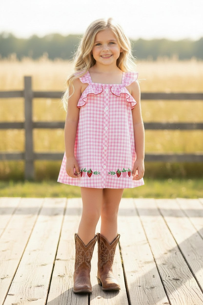 Pink gingham and strawberry embroidered dress. DRG64465 -S-