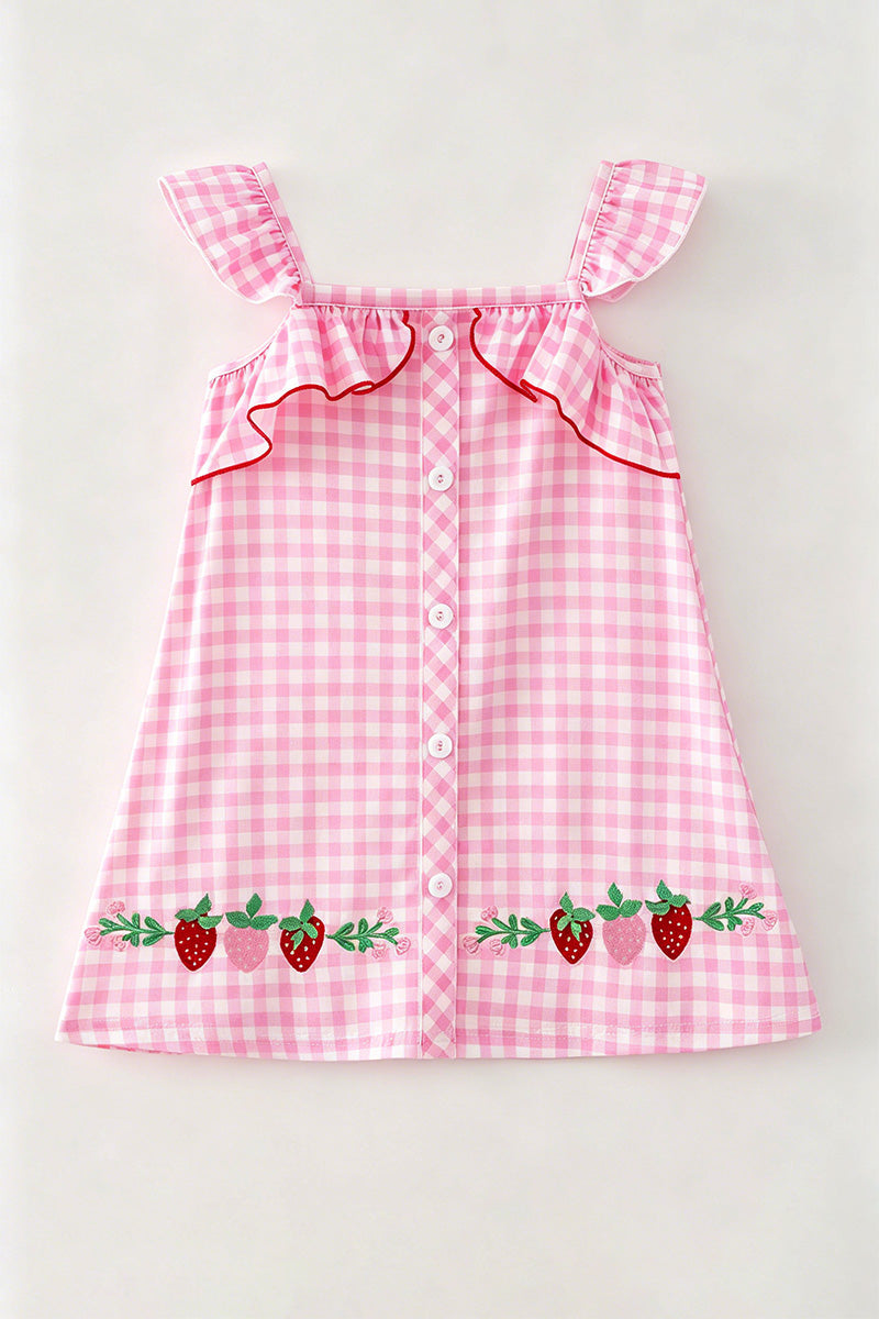 Pink gingham and strawberry embroidered dress. DRG64465 -S-