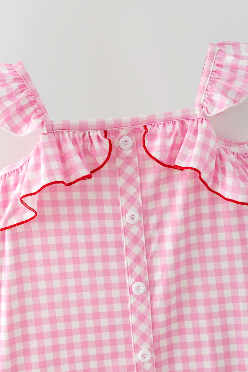 Pink gingham and strawberry embroidered dress. DRG64465 -S-