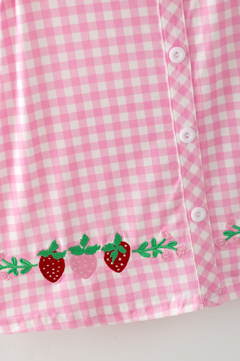Pink gingham and strawberry embroidered dress. DRG64465 -S-