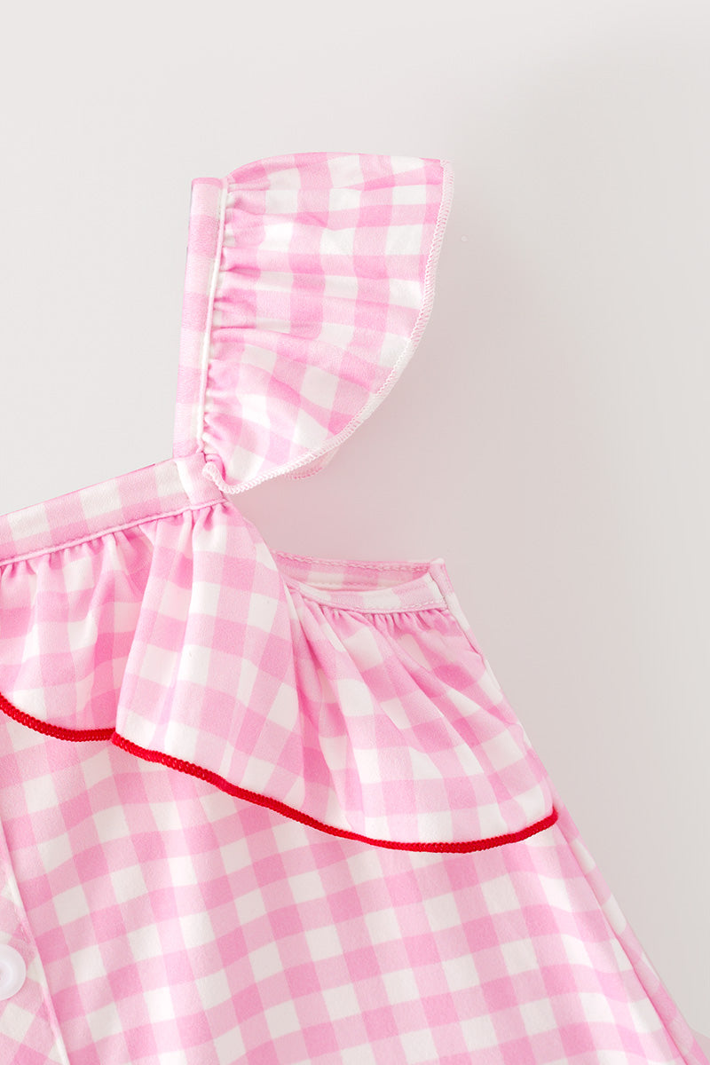 Pink gingham and strawberry embroidered dress. DRG64465 -S-